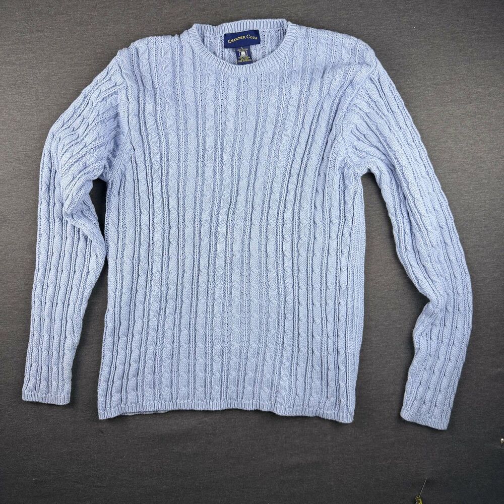 Charter Club Blue Cable Knit 100% Cotton Crewneck Sweater - L